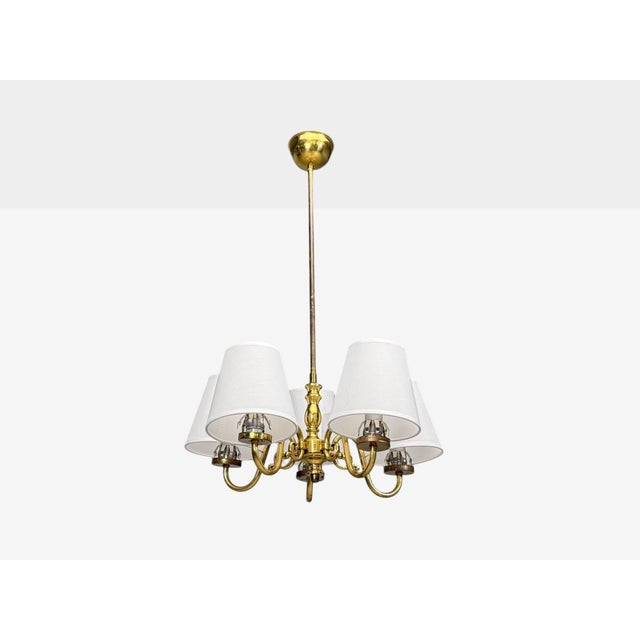 Mid-Century Modern 1950s Swedish Modern, Pendant Light, Brass, Fabric, Sweden For Sale - Image 3 of 10