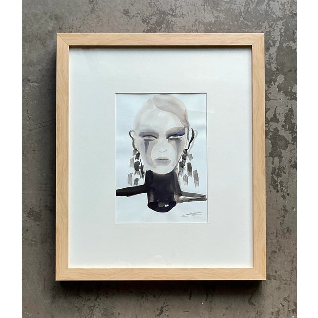 Early 21st Century Vintage Original Watercolor Portrait on Paper For Sale - Image 5 of 5