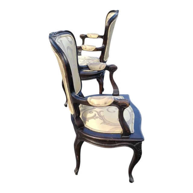 Pair 1940s French Provincial Maple Louis XV Ebony Armchairs – Newly Upholstered For Sale In Philadelphia - Image 6 of 16
