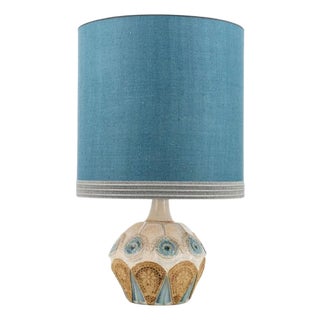 Round Ceramic Table Lamp with Custom Blue Silk Lampshade by René Houben, 1970 For Sale
