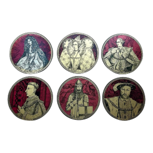 6 VTG 5 Kings & 1 Queen Coasters Trivets Henry VIII Wood Cork 8.5” Distressed.
