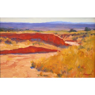 Dry Wash by Lorenzo Chavez | Oil Painting of a desert landscape with red earth and shrubs For Sale