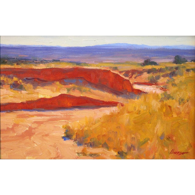 Dry Wash by Lorenzo Chavez | Oil Painting of a desert landscape with red earth and shrubs For Sale
