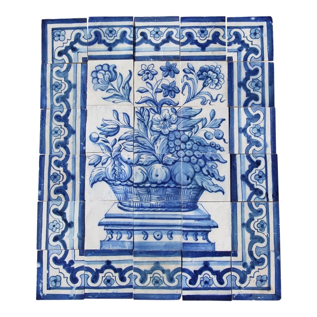 18th Century Antique Portuguese Tile Mural Panel Depicting a Blue and White  Vase - 30 Pieces