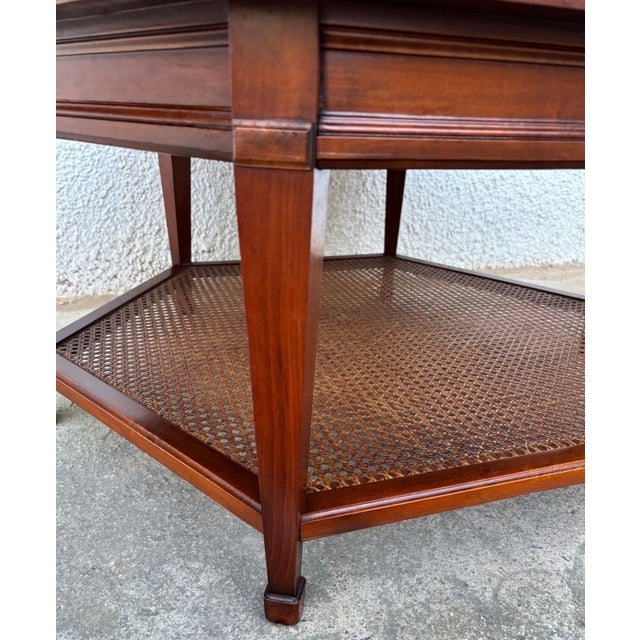 1960s Hexagonal Wooden Coffee Table With Woven Cane Lower Tier For Sale - Image 5 of 11