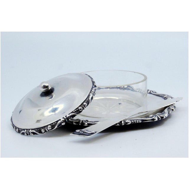 Butter Dish in Embossed Silver with Cut Glass Core, Knob Lid and Knife For Sale - Image 6 of 9