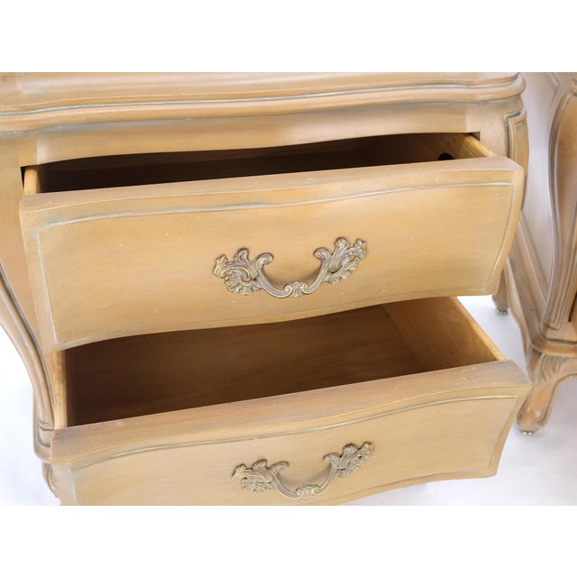 Pair Bombe White Wash Pickled Burl Wood Night Stands End Tables Brass Pulls Mint For Sale - Image 10 of 16