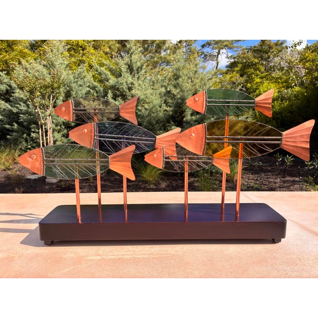 Vintage Leaded Slag Glass and Copper School of Fish Sculpture Styled After Curtis Jere For Sale - Image 6 of 11
