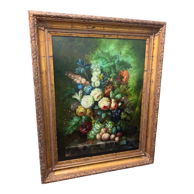 Mid 20th Century Dutch Golden Age Inspired Oil Painting of Flowers and Fruits - Signed For Sale