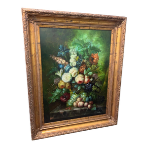 Mid 20th Century Dutch Golden Age Inspired Oil Painting of Flowers and Fruits - Signed