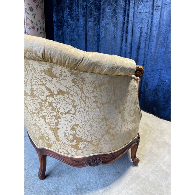 Vintage French Button Back Tufted Sofa With Gold Damask Fabric For Sale - Image 12 of 13