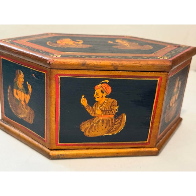 Indian Vintage Hexagonal Hand Painted Wooden Indian Box Hidden Compartments For Sale - Image 3 of 12