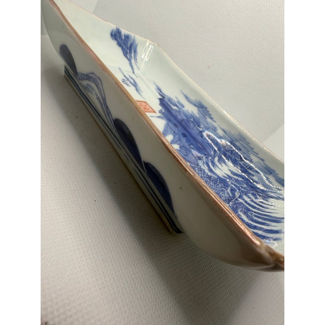 Asian Antique Tray: Rectangular Porcelain Blue White China Landscape Qianlong For Sale - Image 4 of 8