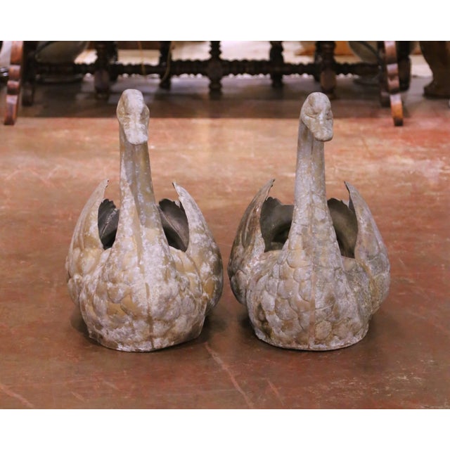 French Pair of Mid-Century French Cast Metal Swan Garden Planters With Patina and Gilt For Sale - Image 3 of 10