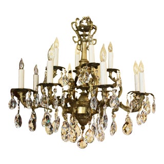 Mid-20th Century Crystal & Bronze 12-Light Chandlier For Sale