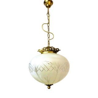 Portuguese Regency Style Frosted Glass Pendant with Ornate Brass Crown, 1980s For Sale