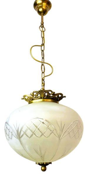 Portuguese Regency Style Frosted Glass Pendant with Ornate Brass Crown, 1980s