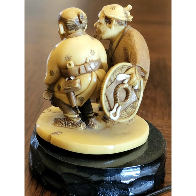 Japanese Exquisite Hand Carved Netsuke Figurine of Two Men Travelers For Sale - Image 3 of 12
