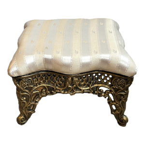 Victorian Style Cast Iron Footstool – Cream Upholstered Top, Gilded Base, Heavy & Sturdy