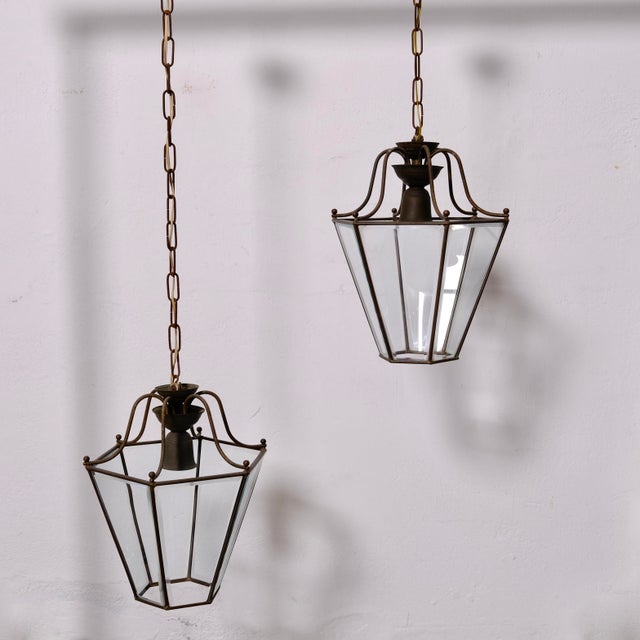 Metal Hexagonal Glass Pendant Lamps, 1950s, Set of 2 For Sale - Image 7 of 16