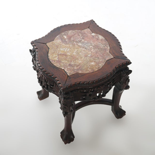 Antique Chinese Carved Rosewood Marble Top Low Table 1890 For Sale - Image 4 of 8