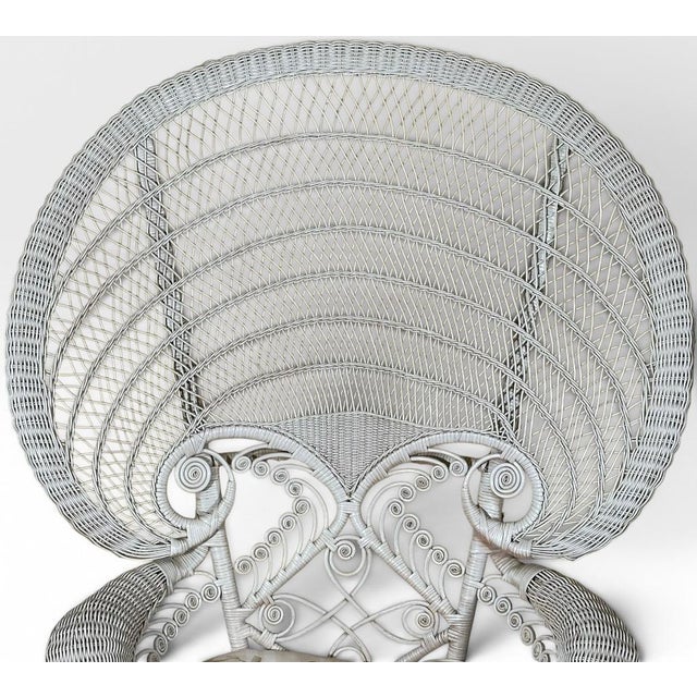 Vintage Boho Chic White Wicker Peacock Fan Back Chairs With Custom Cushions Pair For Sale In Portland, ME - Image 6 of 16