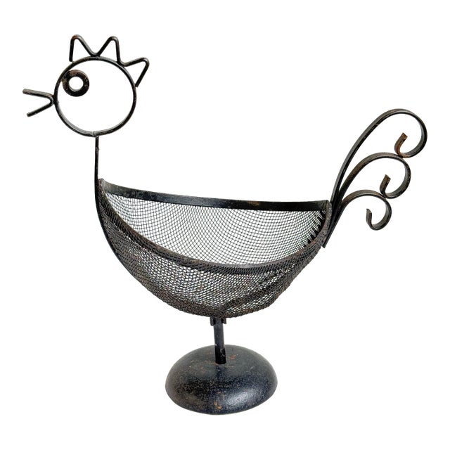 Vintage Weinberg Style Wrought Iron Wire Chicken Basket - Mid-Century Folk Art For Sale