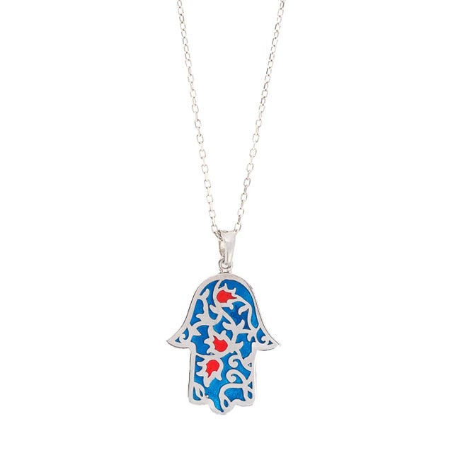 Silver Sterling Silver Blue & Red Enamel Hamsa Hand Necklace For Sale - Image 8 of 8