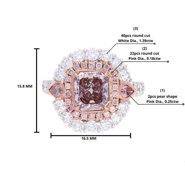 Metal Gia Certified Radiant Cut Fancy Dark Brown Pink Diamond and Diamond Halo Ring Size 6.5 For Sale - Image 7 of 9