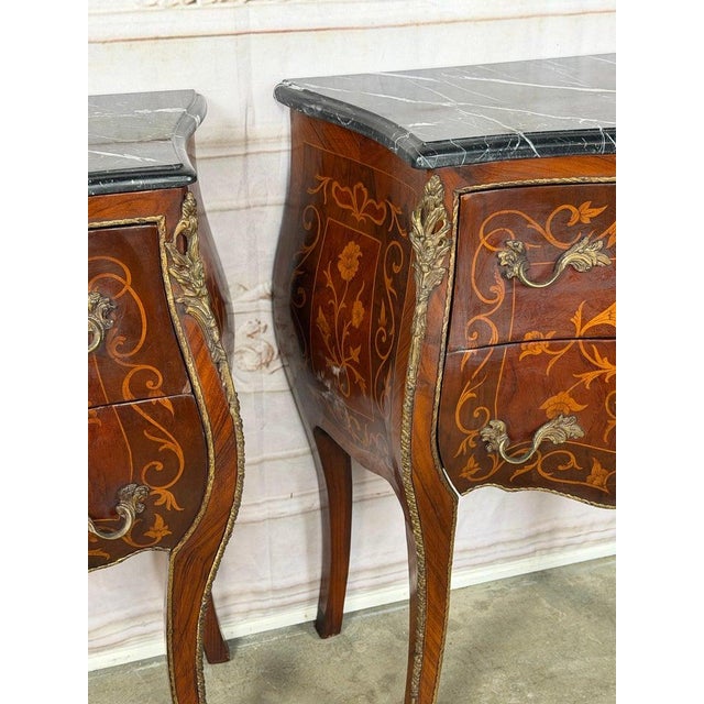 Pair of French Louis XV Style Bombe Nightstands - With Marble Tops For Sale - Image 9 of 18