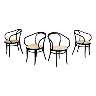 Austrian Modern Straw and Black Wood Chairs 209 by Michael Thonet for Radomsko, 1970s, Set of 4 For Sale