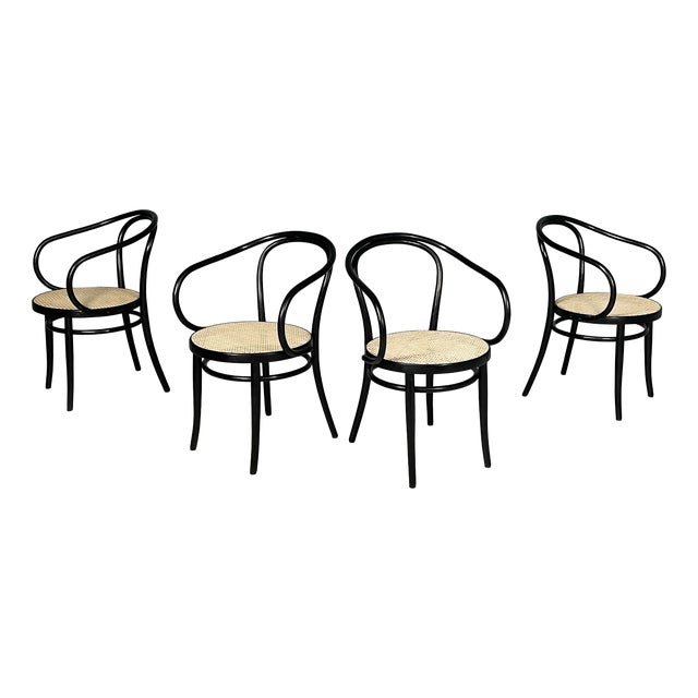 Austrian Modern Straw and Black Wood Chairs 209 by Michael Thonet for Radomsko, 1970s, Set of 4 For Sale