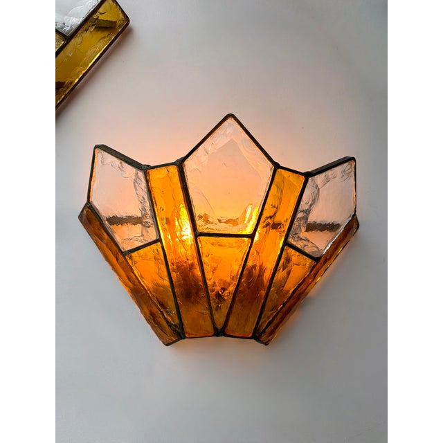 Pair of Mid-Century Modern wall lamps light lighting sconces amber and clear hammered glass and wrought iron, by the...