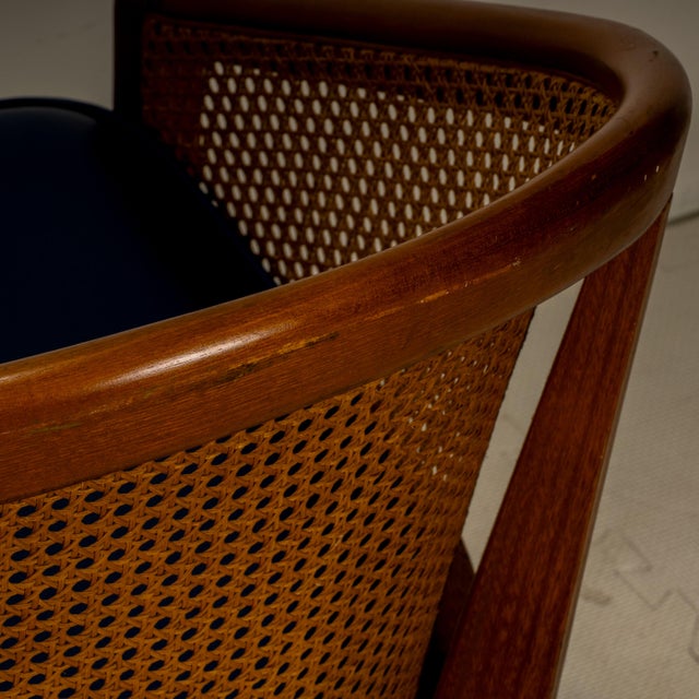 1970s Set of 4 Bent Oak & Cane Tub Chairs on Casters W/ Royal Blue Cushions in the Manner of Ward Bennett For Sale - Image 16 of 18
