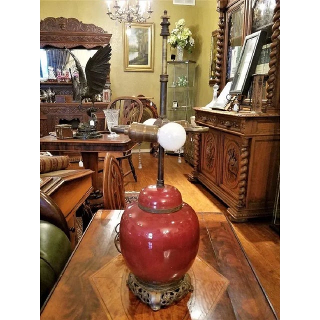 Red American Dedham Style Pottery Sang De Boeuf & Gilt Bronze Table Lamp For Sale - Image 8 of 13