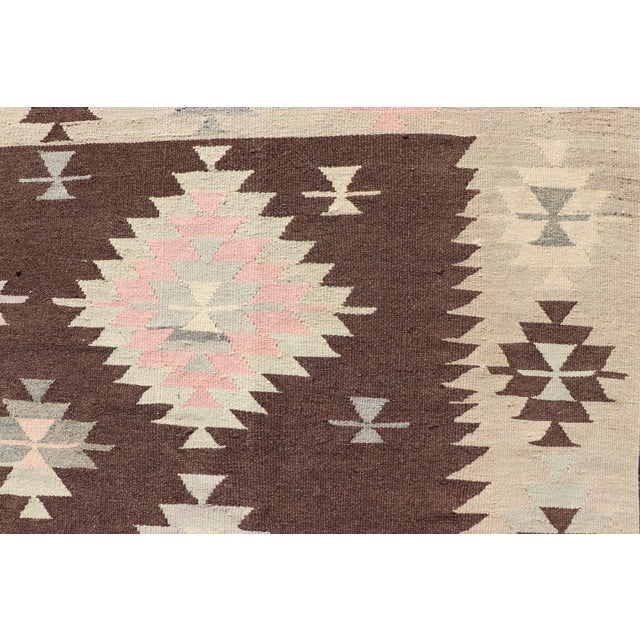 Brown Mid 20th Century Tribal and Geometrics Turkish Kilim in Brown With Cream, Pink, Light Gray/Blue For Sale - Image 8 of 13