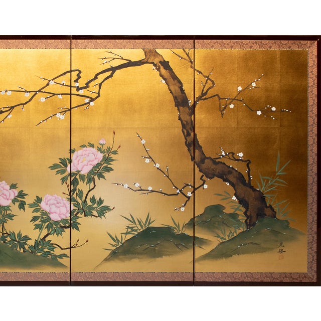 "Plum Blossom, Peonies and Irises" by Kokei, Showa Era Japanese Byobu Screen For Sale In Dallas - Image 6 of 18