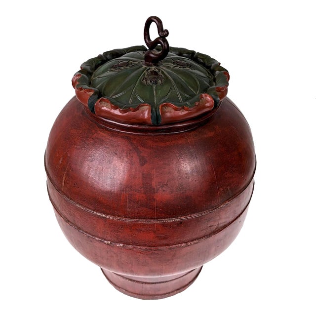 20th Century Chinese Large Red Lacquer Wooden Container With a Lotus Leaf Lid For Sale