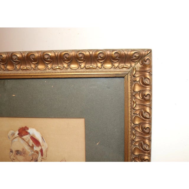 Beige 1930s Original Figural Elder Couple Married Man Lady Watercolor Painting Frame For Sale - Image 8 of 10