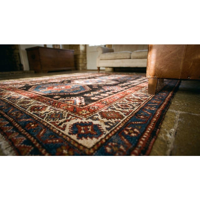 Red 1890s Blue Navy Geometric Tribal Antique Caucasian Shirvan Lesghi Rug 3'6" X 4'6" Hand Knotted Pile Wool Carpet For Sale - Image 8 of 8