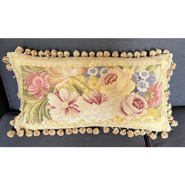 Antique 18th Century French Aubusson Tapestry Pillow With Passementerie Trim and Ball Tassel Fringe For Sale - Image 4 of 16