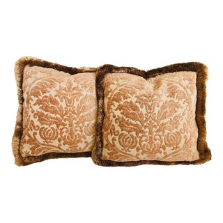 Contemporary Velvet Brocade Pillows With Brush Fringe - a Pair For Sale