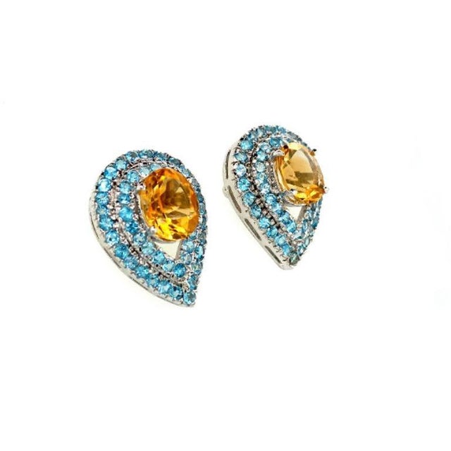 Art Deco Pear Shape Citrine and Blue Topaz Stud Earrings in 925 Silver, 2 Pieces For Sale - Image 3 of 5