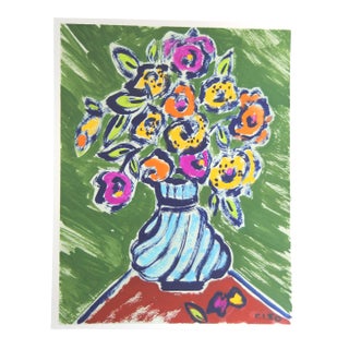 Impressionist Floral Abstract Still Life Interior Green, Yellow, Navy Blue Original Painting by Cleo Plowden For Sale