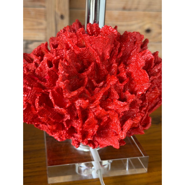 Pair of Red Faux Coral Table Lamps on Clear Acrylic Bases For Sale In Naples, FL - Image 6 of 12