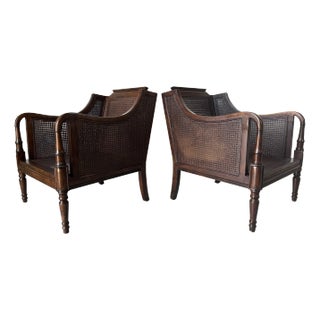Pair of Hollywood Regency Double Caned Arm Lounge Chairs For Sale