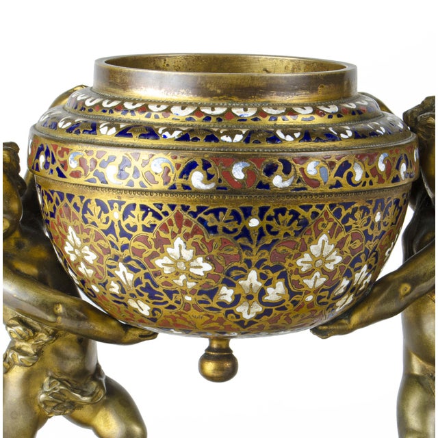 Gold Late 19th Century Napoléon III Gilt Bronze Sculpture of Putti and Champlevé Bowl With Marble Base, France For Sale - Image 8 of 9