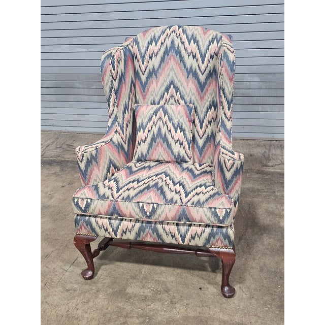 Brown Mahogany Williamsburg Queen Anne Style Wing Back Chair New Flame Stitch Fabric For Sale - Image 8 of 9