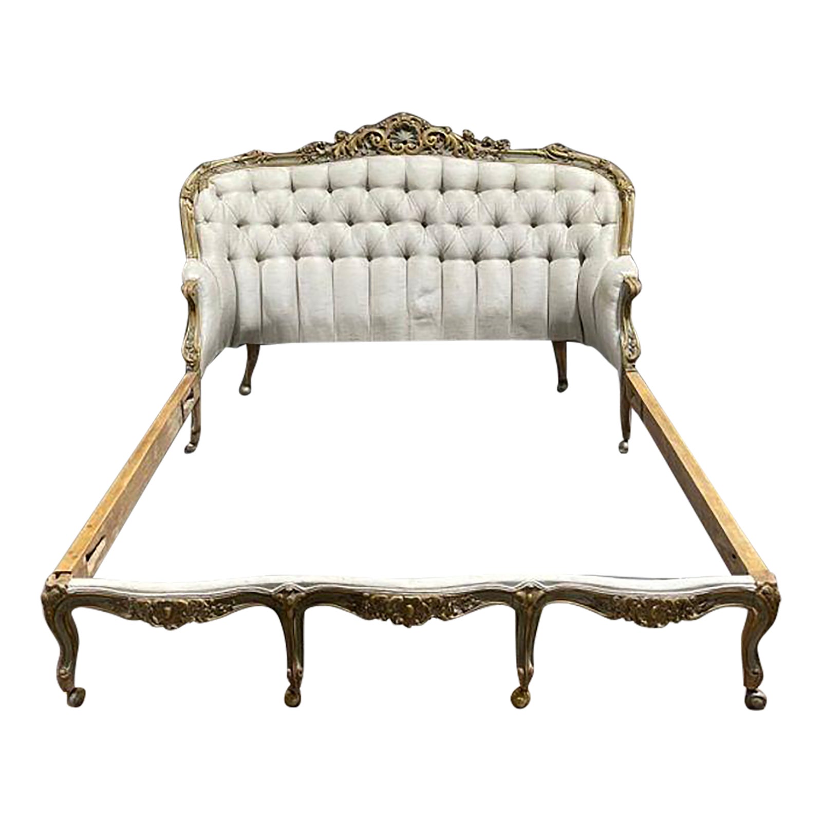 Country French Queen Bed With Upholstered Headboard Carved Frame | Chairish
