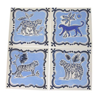 Delft Blue Leopard Paintings S/4 by Cleo Plowden For Sale
